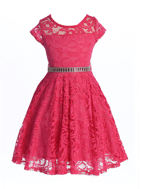 Big Girls Fuchsia Lace Glitter Stone Belt Special Occasion Skater Dress 8-14 - SophiasStyle.com